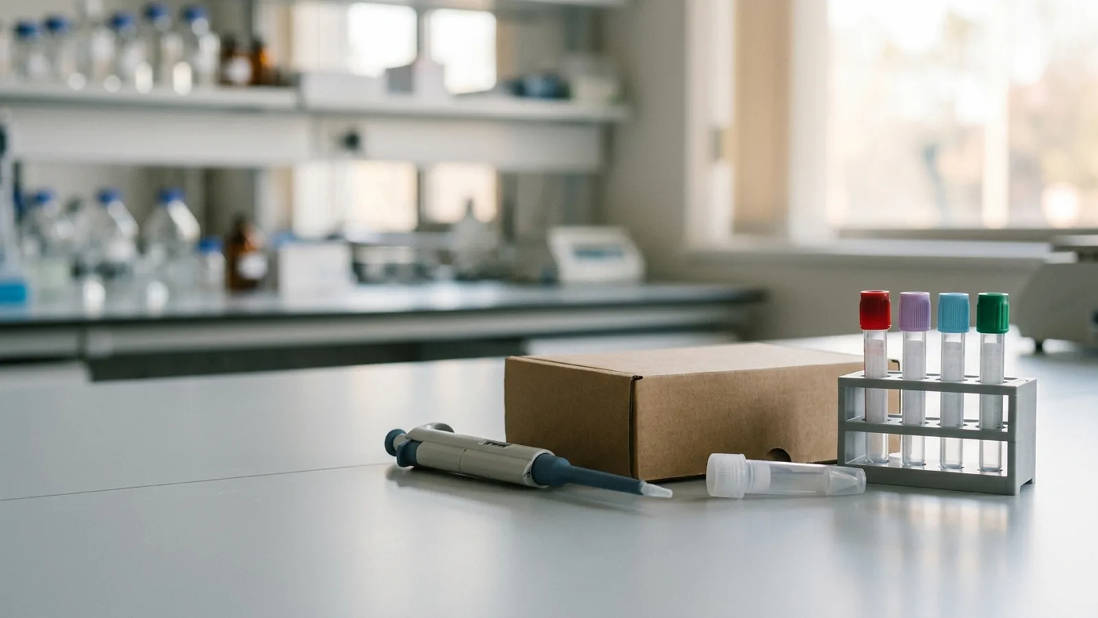 A sealed saliva collection tube, a rack of blood sample tubes, a plain cardboard mail-in kit box and a pipette on a laboratory bench in daylight