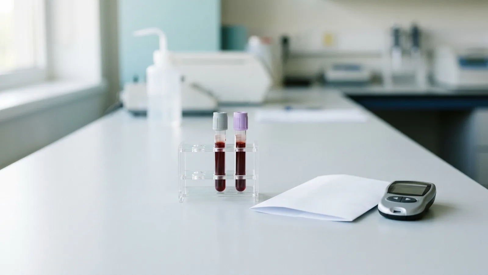 Two capped blood collection tubes, one with a grey stopper and one with a lavender stopper, in a clear rack on a laboratory bench next to a folded blank report and a glucose meter