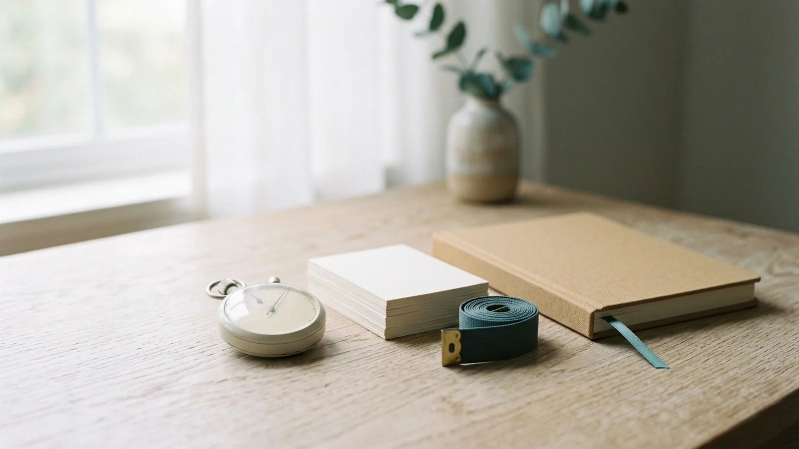A stopwatch, a stack of blank cards, a coiled measuring tape and a closed notebook on a pale desk by a window