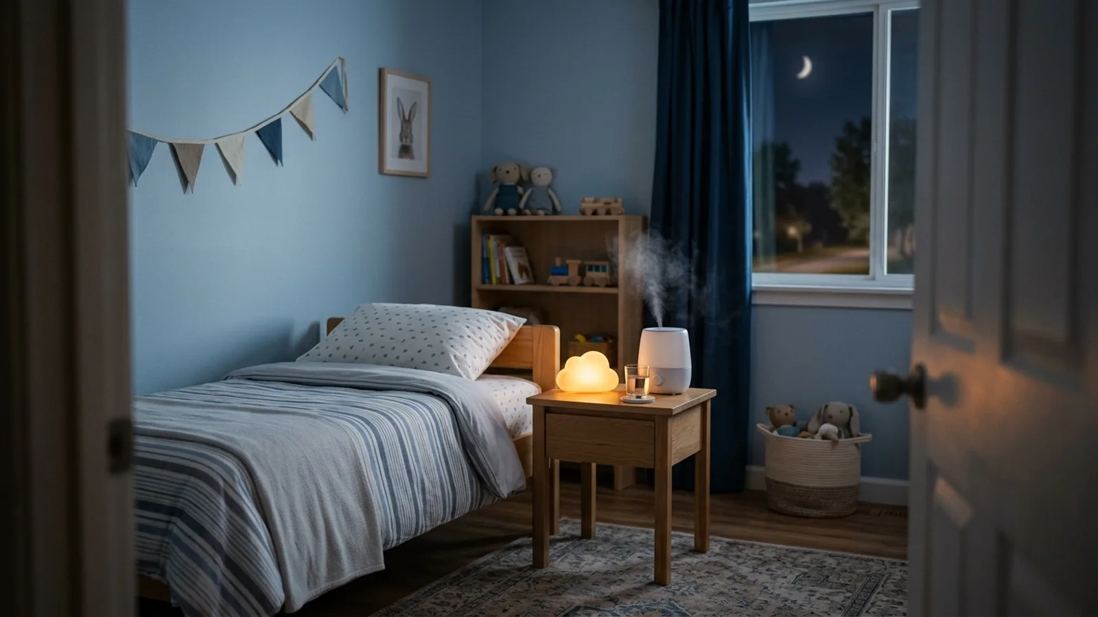 A quiet child's bedroom at night with a made bed, a warm nightlight and a humidifier on the bedside table