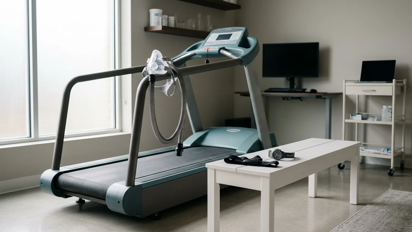 An empty exercise physiology lab: a treadmill with a breathing mask and tube on the handrail, a heart-rate chest strap and a sports watch on a bench in morning light