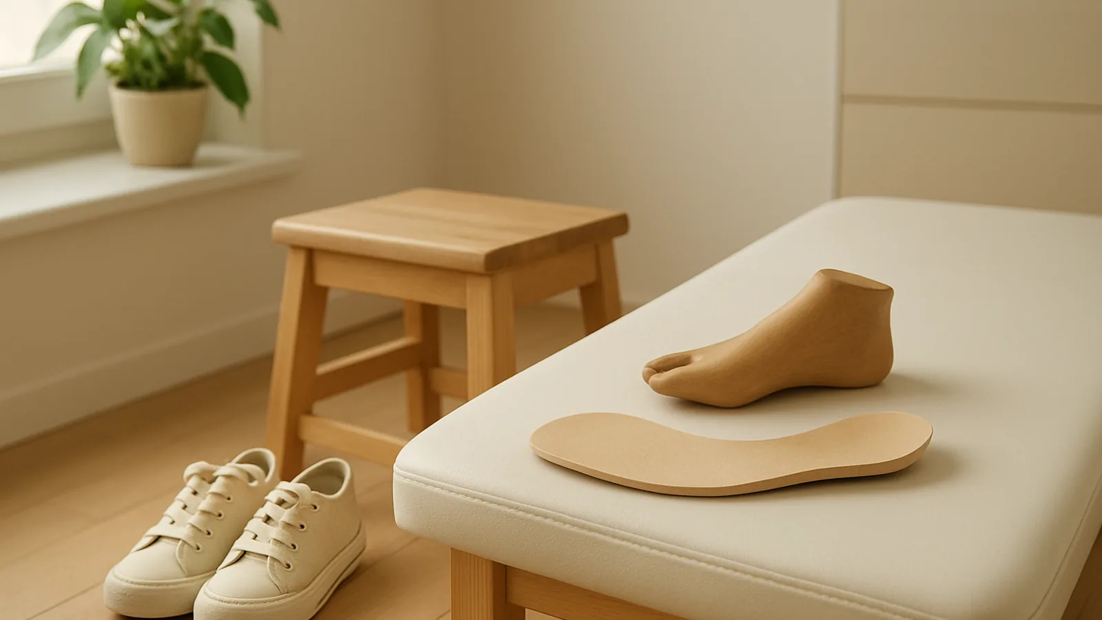 A paediatric orthopaedic examination room: children's canvas sneakers beside a wooden step stool, a flat insole and a wooden foot last on the examination bench, a plant by the window