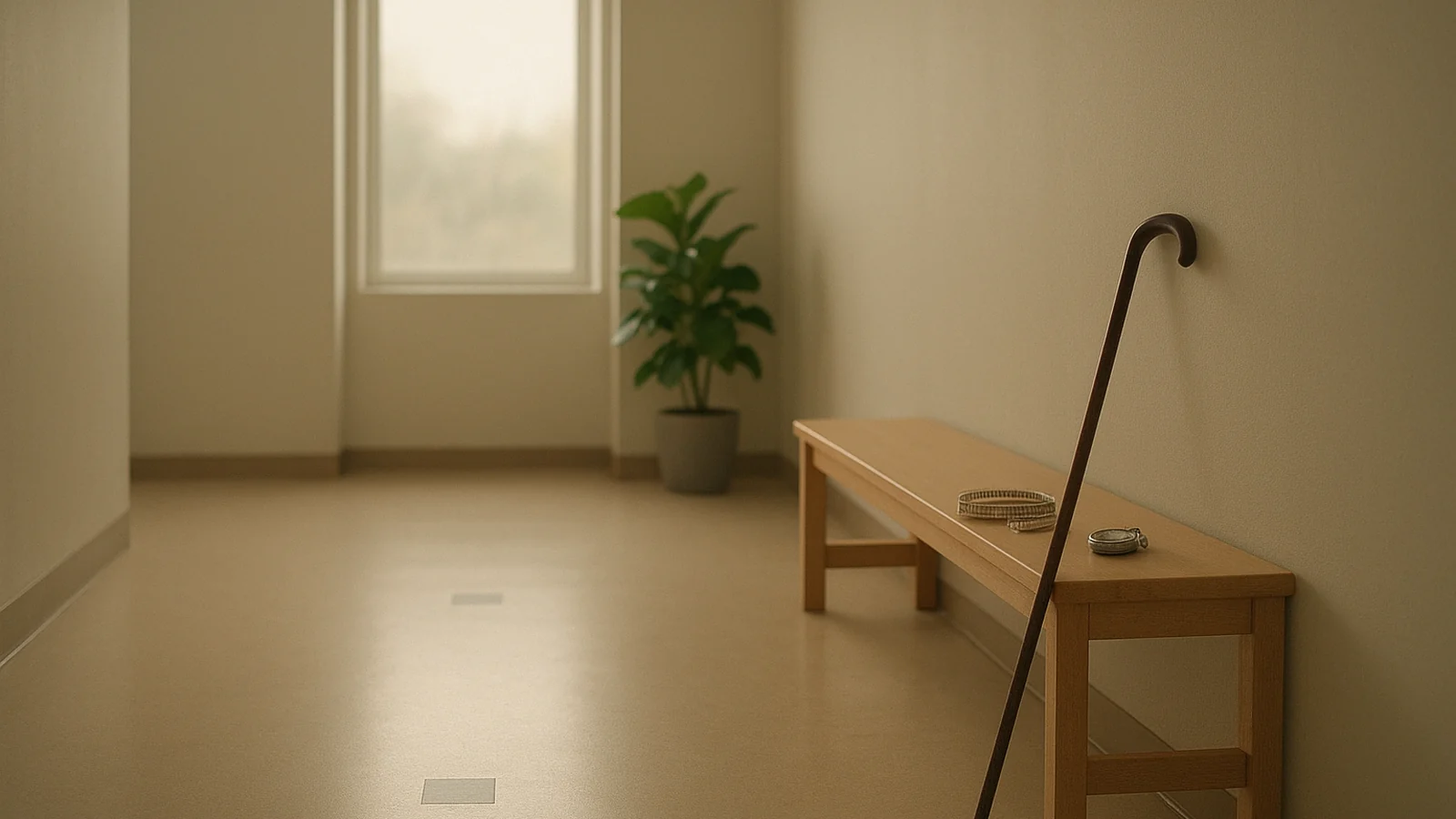 An empty clinical walkway used for gait testing: floor markers on pale linoleum, a wooden bench with a coiled measuring tape and a stopwatch, a walking cane, daylight from a tall window